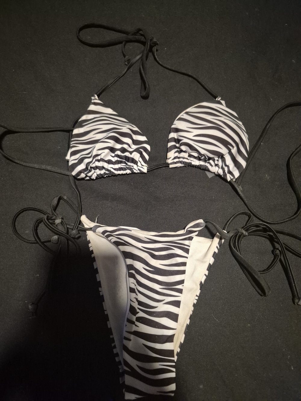 Zebra Print Tie-Side Triangle Bikini - Black & White